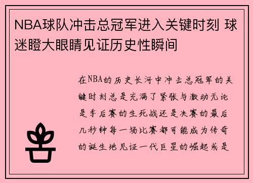 NBA球队冲击总冠军进入关键时刻 球迷瞪大眼睛见证历史性瞬间