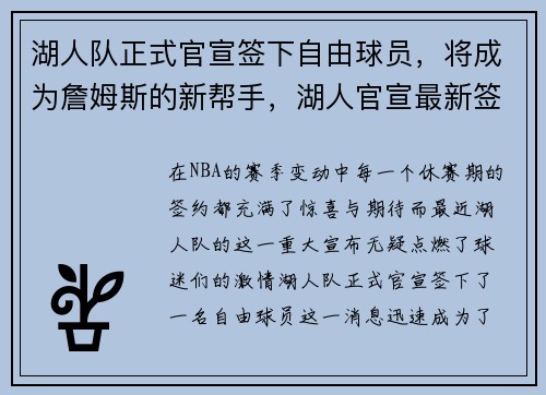 湖人队正式官宣签下自由球员，将成为詹姆斯的新帮手，湖人官宣最新签约