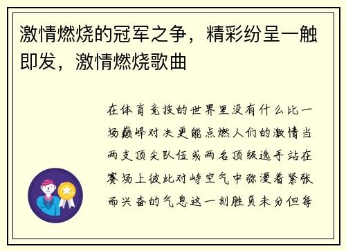 激情燃烧的冠军之争，精彩纷呈一触即发，激情燃烧歌曲