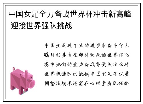 中国女足全力备战世界杯冲击新高峰 迎接世界强队挑战