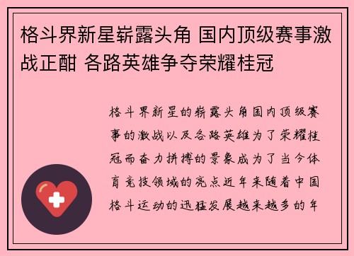格斗界新星崭露头角 国内顶级赛事激战正酣 各路英雄争夺荣耀桂冠