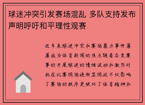 球迷冲突引发赛场混乱 多队支持发布声明呼吁和平理性观赛