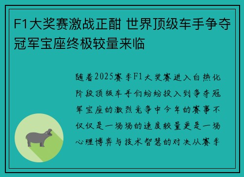 F1大奖赛激战正酣 世界顶级车手争夺冠军宝座终极较量来临